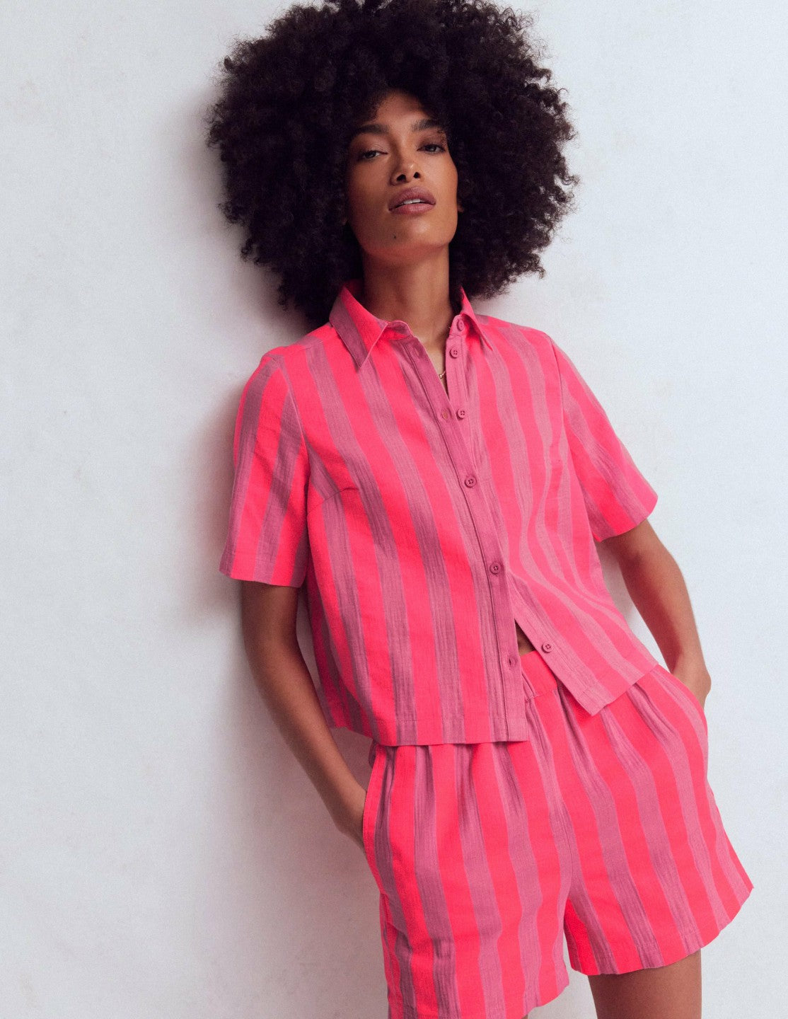 Double Cloth Shirt-Pink, Neon Coral Mid Stripe / Boden Online