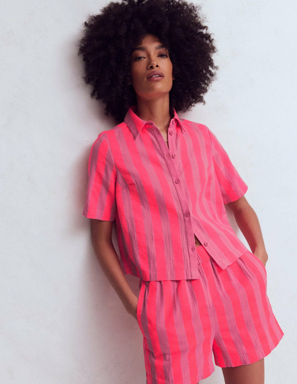 Double Cloth Shirt-Pink, Neon Coral Mid Stripe / Boden Online