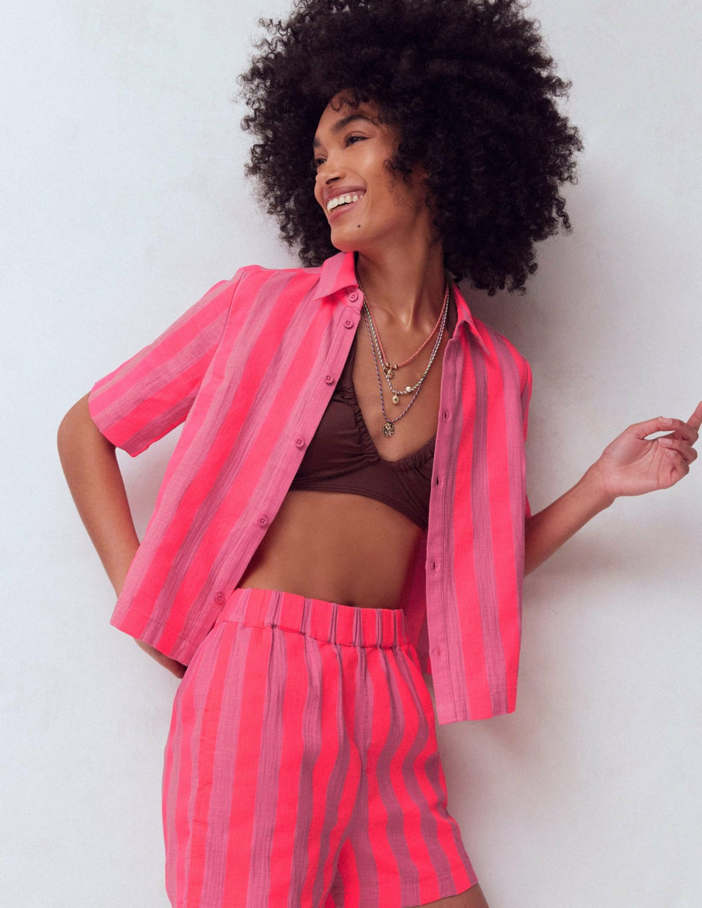 Double Cloth Shirt-Pink, Neon Coral Mid Stripe / Boden Online
