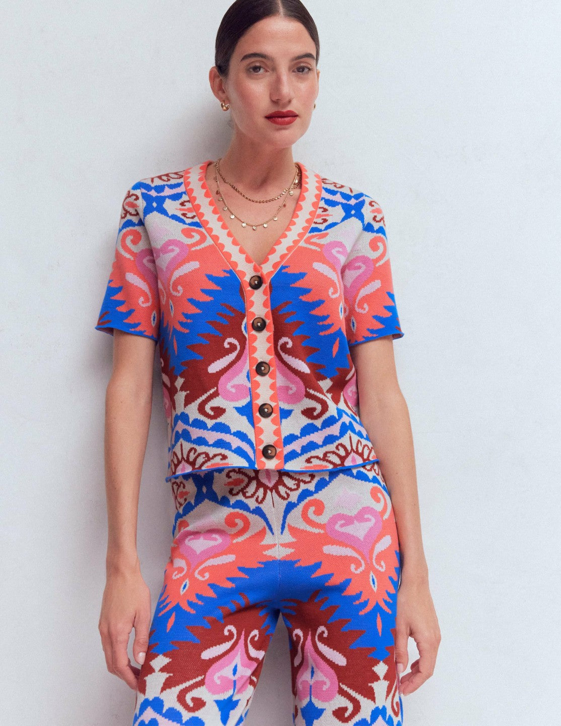 Short Sleeve Jacquard Cardigan-Aztec / Boden