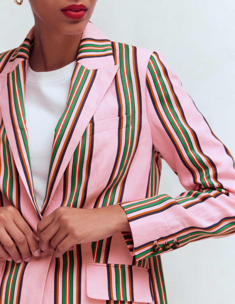 Woodbridge Linen Blazer-Pink, Rich Emerald Stripe / Boden