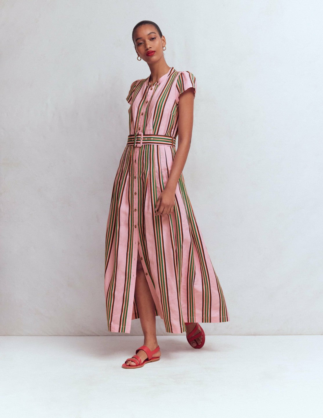 Arabella Linen Blend Dress-Pink, Rich Emerald Stripe / Boden Sale