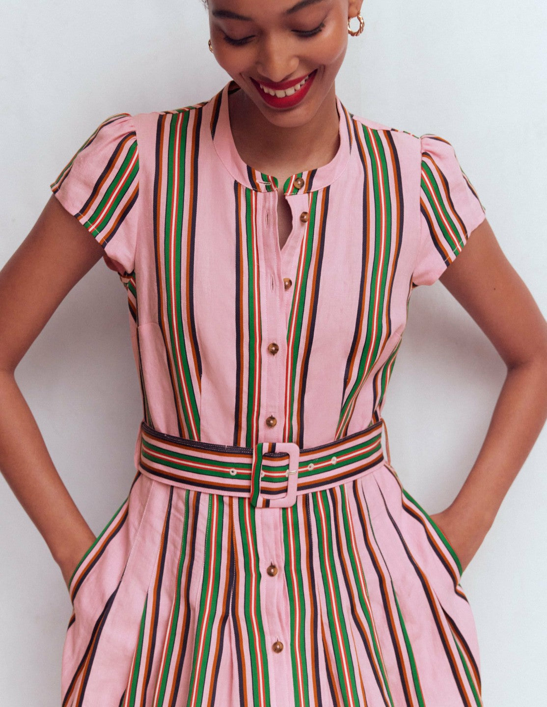 Arabella Linen Blend Dress-Pink, Rich Emerald Stripe / Boden Sale