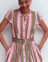 Arabella Linen Blend Dress-Pink, Rich Emerald Stripe / Boden Sale