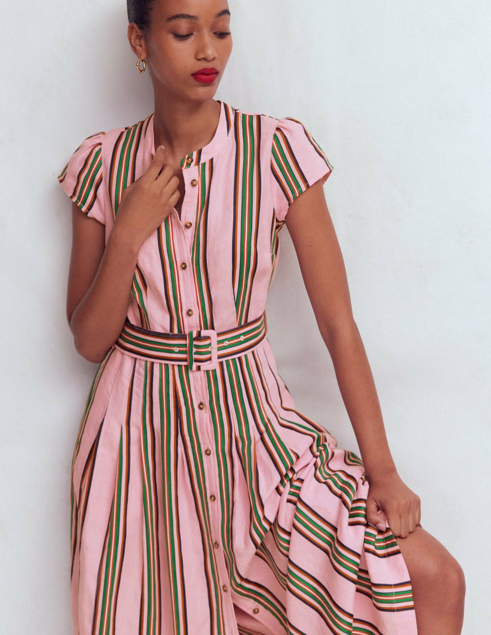 Arabella Linen Blend Dress-Pink, Rich Emerald Stripe / Boden Sale