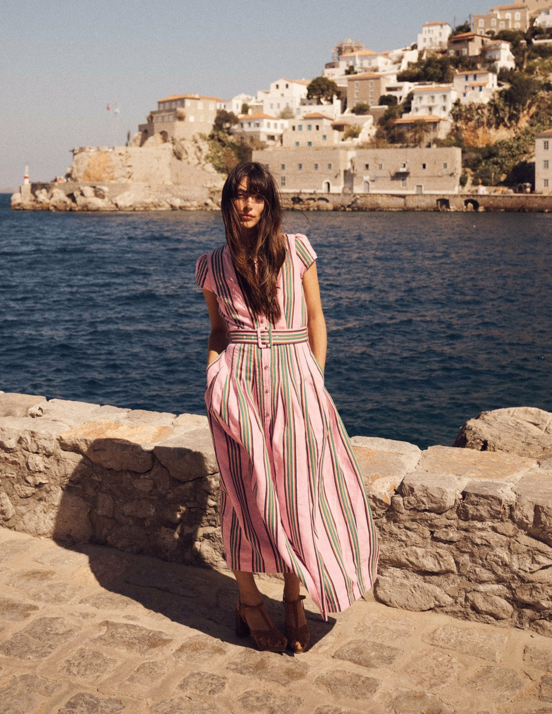 Arabella Linen Blend Dress-Pink, Rich Emerald Stripe / Boden Sale
