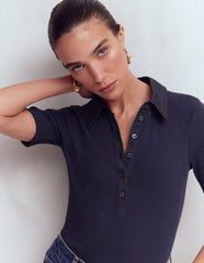 Collared Ribbed Henley Top-Navy / Boden Online