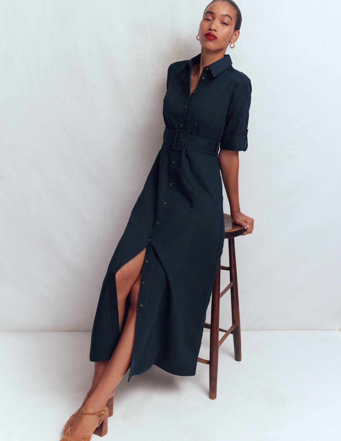Ora Linen Blend Shirt Dress-Navy / Boden On sale