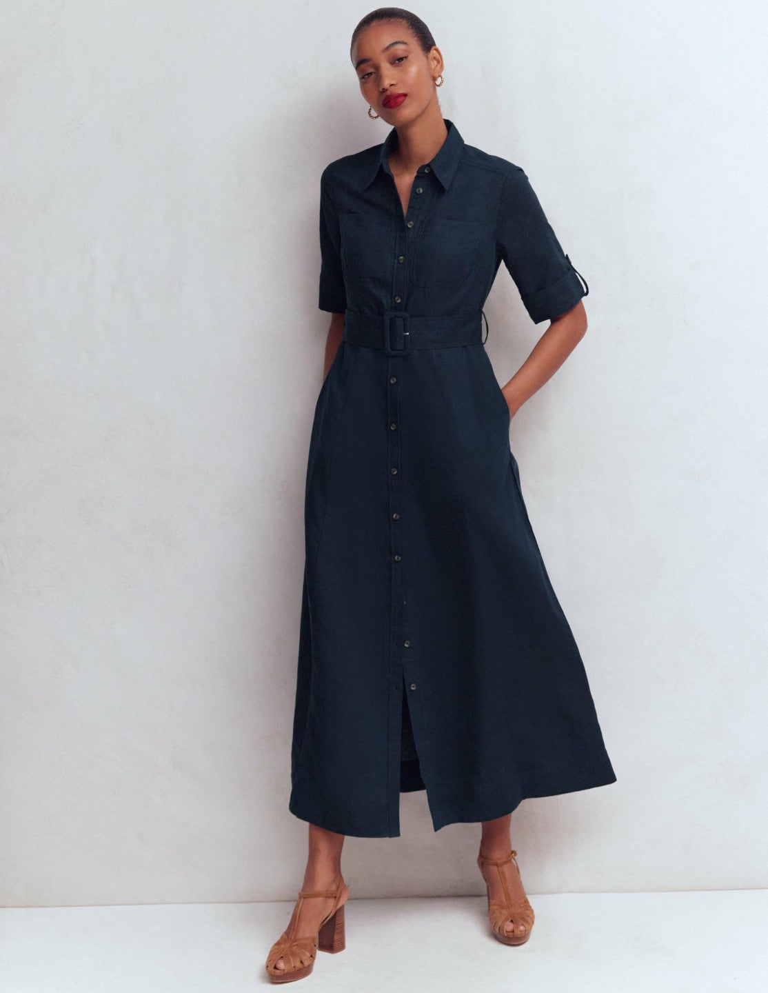Ora Linen Blend Shirt Dress-Navy / Boden On sale