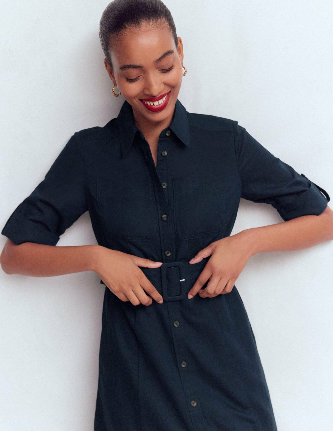 Ora Linen Blend Shirt Dress-Navy / Boden On sale