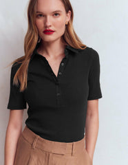 Collared Ribbed Henley Top-Black / Boden Discount