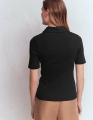 Collared Ribbed Henley Top-Black / Boden Discount