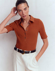 Collared Ribbed Henley Top-Burnt Orange / Boden On sale