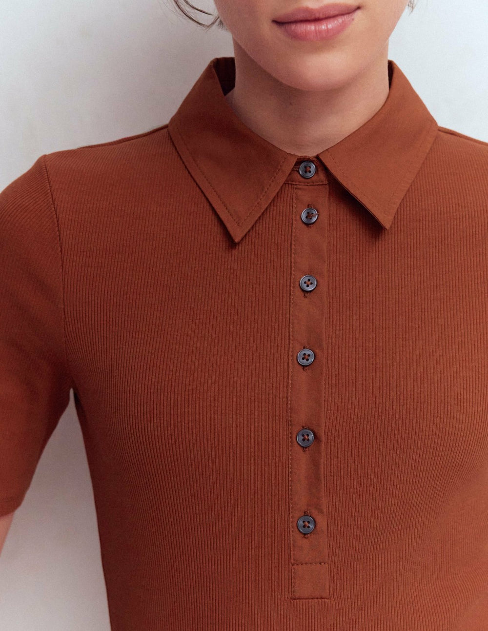 Collared Ribbed Henley Top-Burnt Orange / Boden On sale