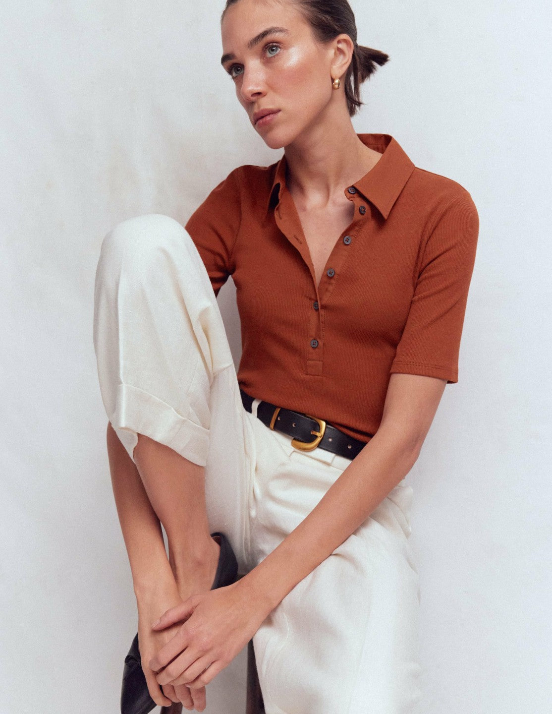 Collared Ribbed Henley Top-Burnt Orange / Boden On sale
