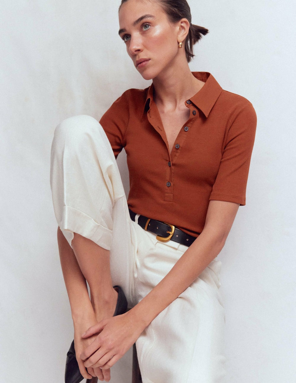 Collared Ribbed Henley Top-Burnt Orange / Boden On sale
