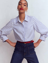 Puff Sleeve Oxford Shirt-Navy, Ivory Stripe / Boden Sale