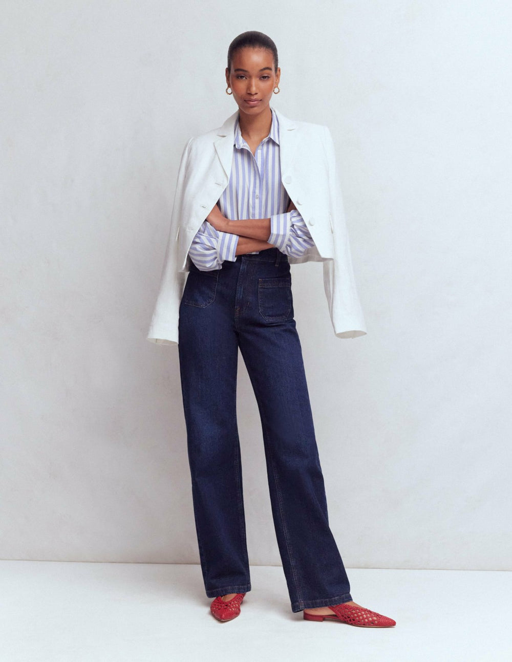 Puff Sleeve Oxford Shirt-Navy, Ivory Stripe / Boden Sale