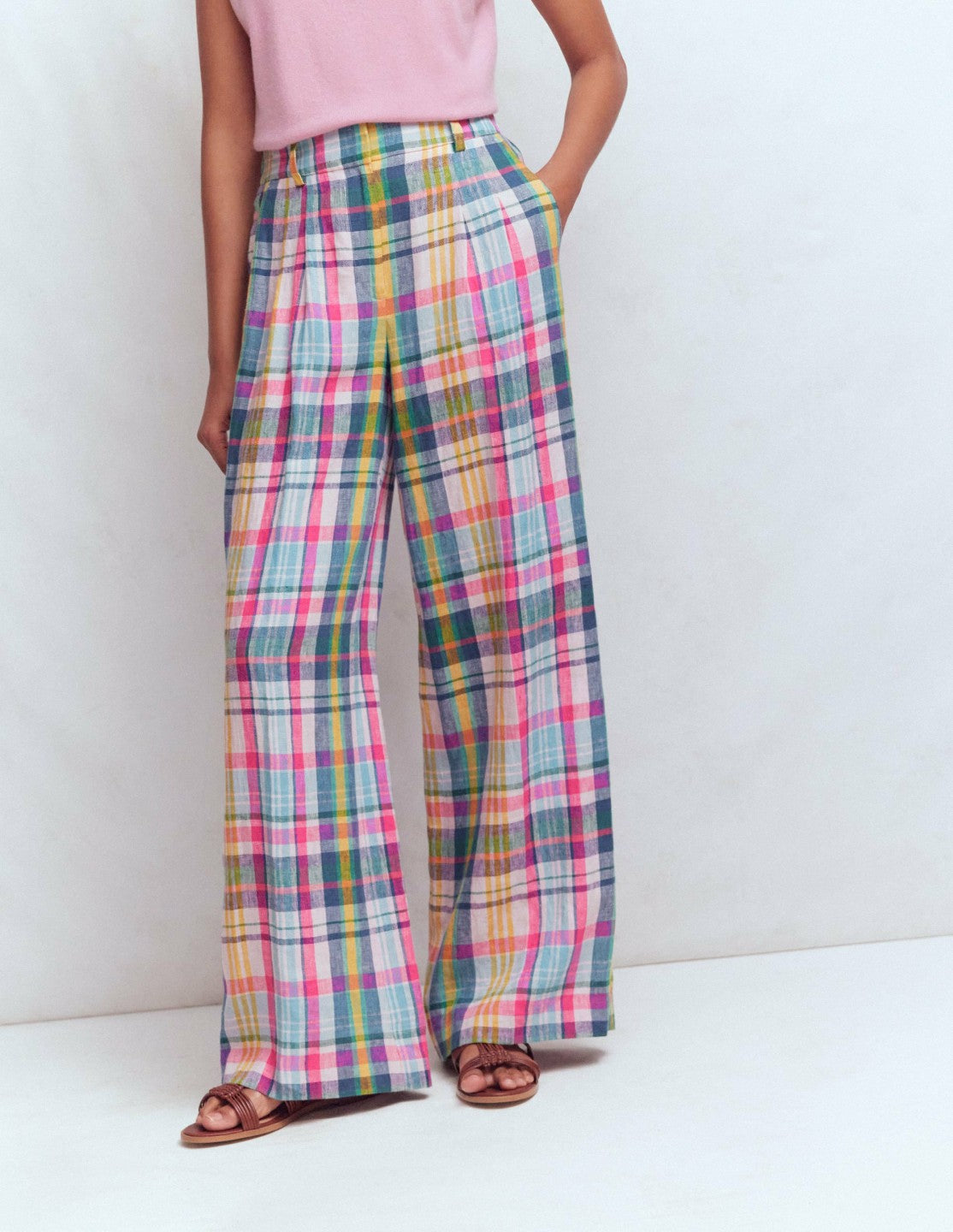 Kensington Linen Pants-Blue, Pink and Green Madras / Boden Outlet