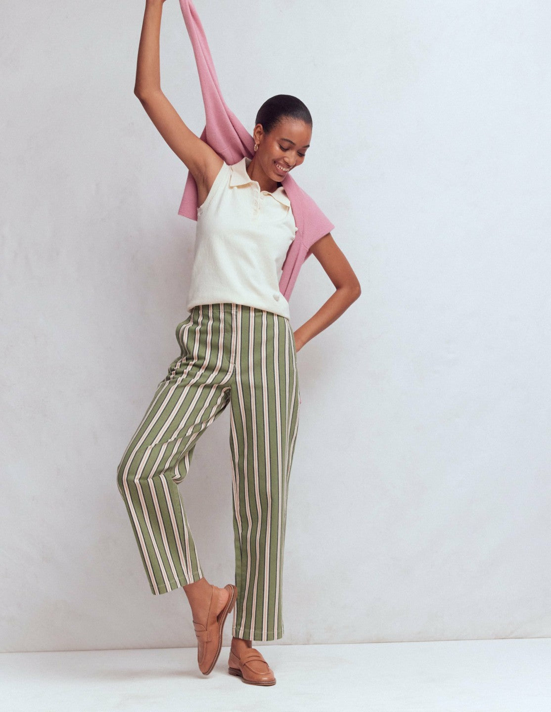 Barrel Leg Chino Pants-Green, Navy, Pink Stripe / Boden On sale
