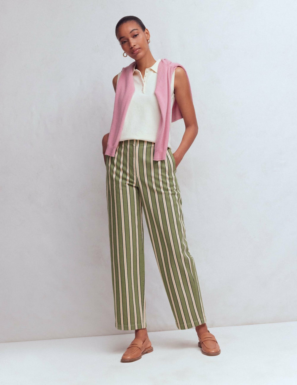 Barrel Leg Chino Pants-Green, Navy, Pink Stripe / Boden On sale