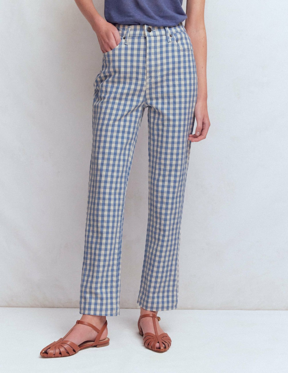 High Rise Straight Jeans-Blue Gingham / Boden Sale