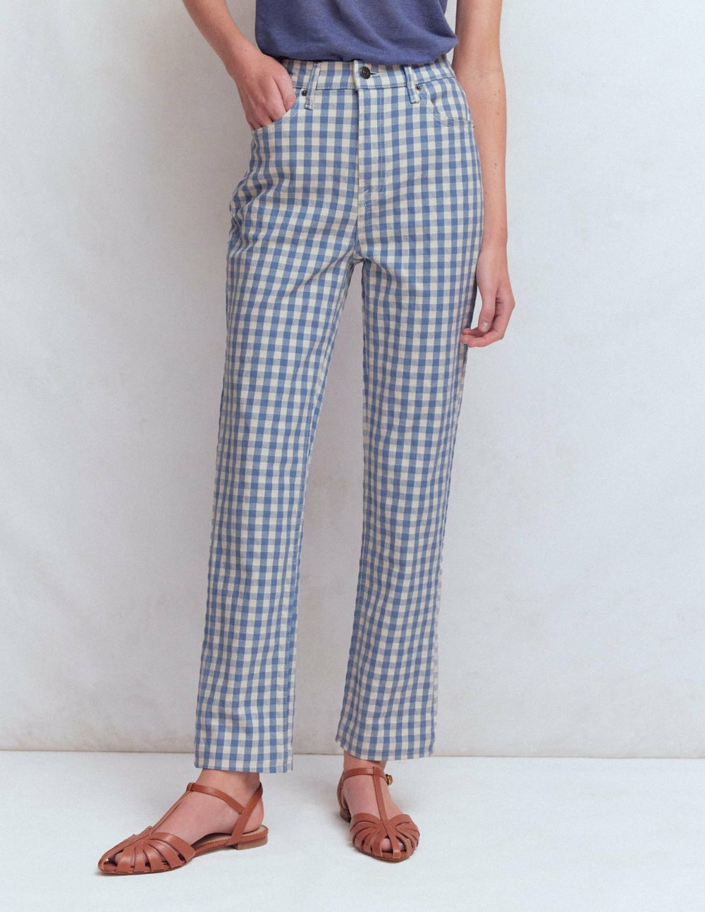 High Rise Straight Jeans-Blue Gingham / Boden Sale