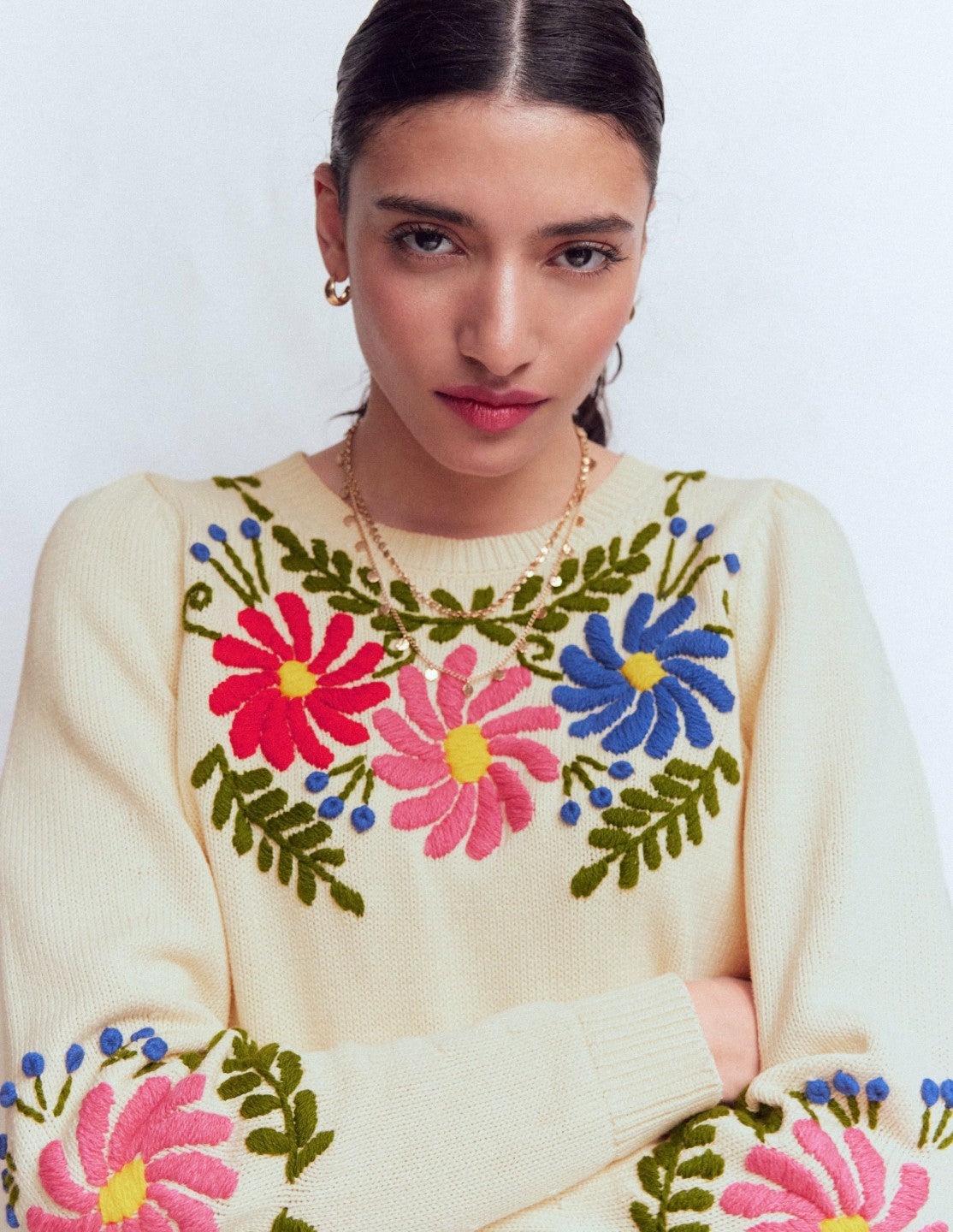 Davina Puff Sleeve Sweater-Ivory Embroidery / Boden