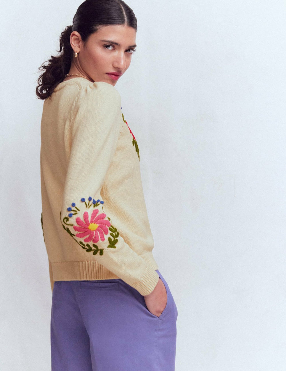 Davina Puff Sleeve Sweater-Ivory Embroidery / Boden