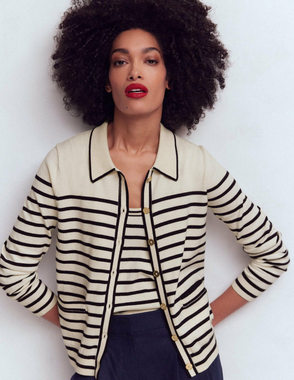 Liz Knitted Collared Cardigan-Ivory/ Navy / Boden Sale