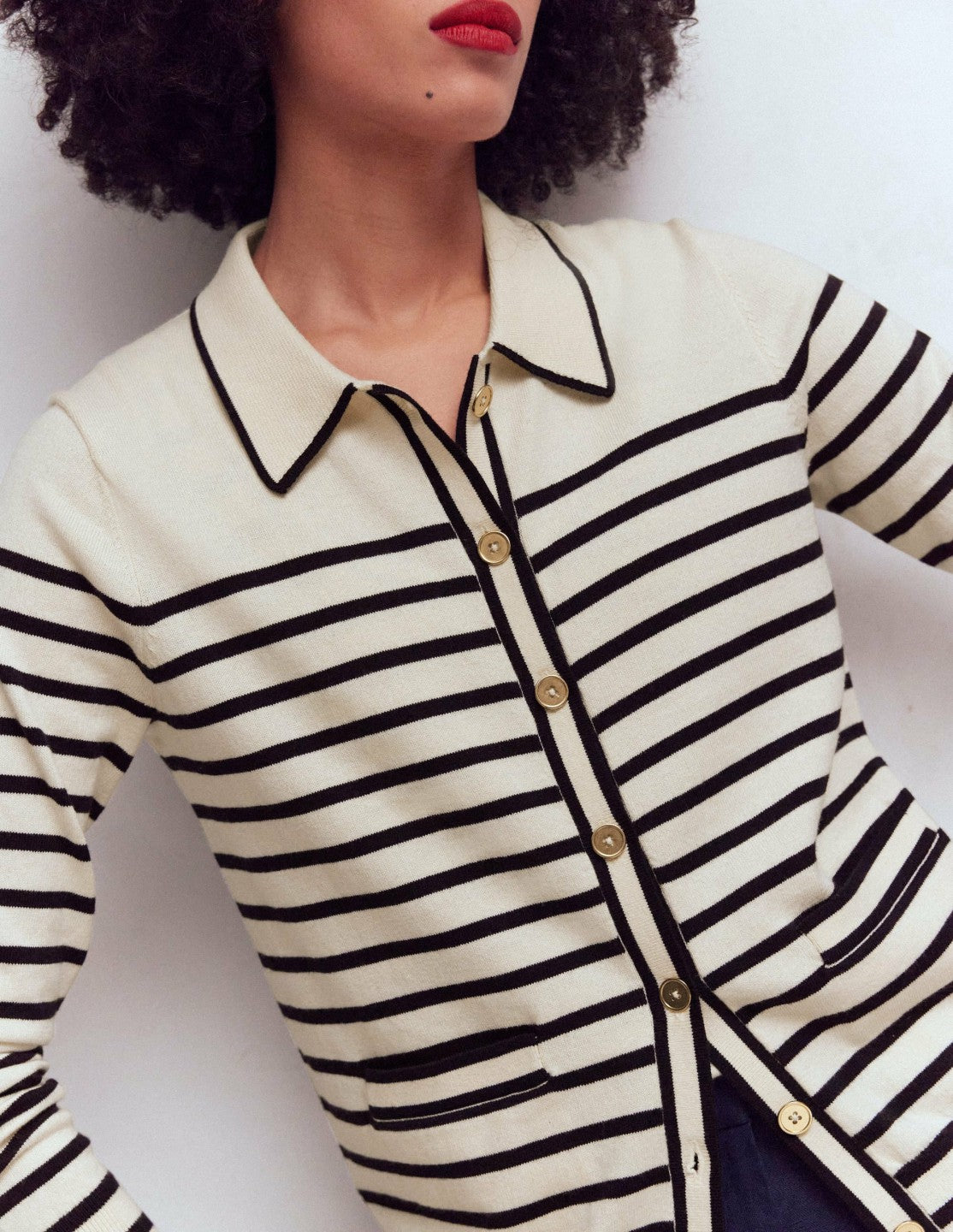 Liz Knitted Collared Cardigan-Ivory/ Navy / Boden Sale