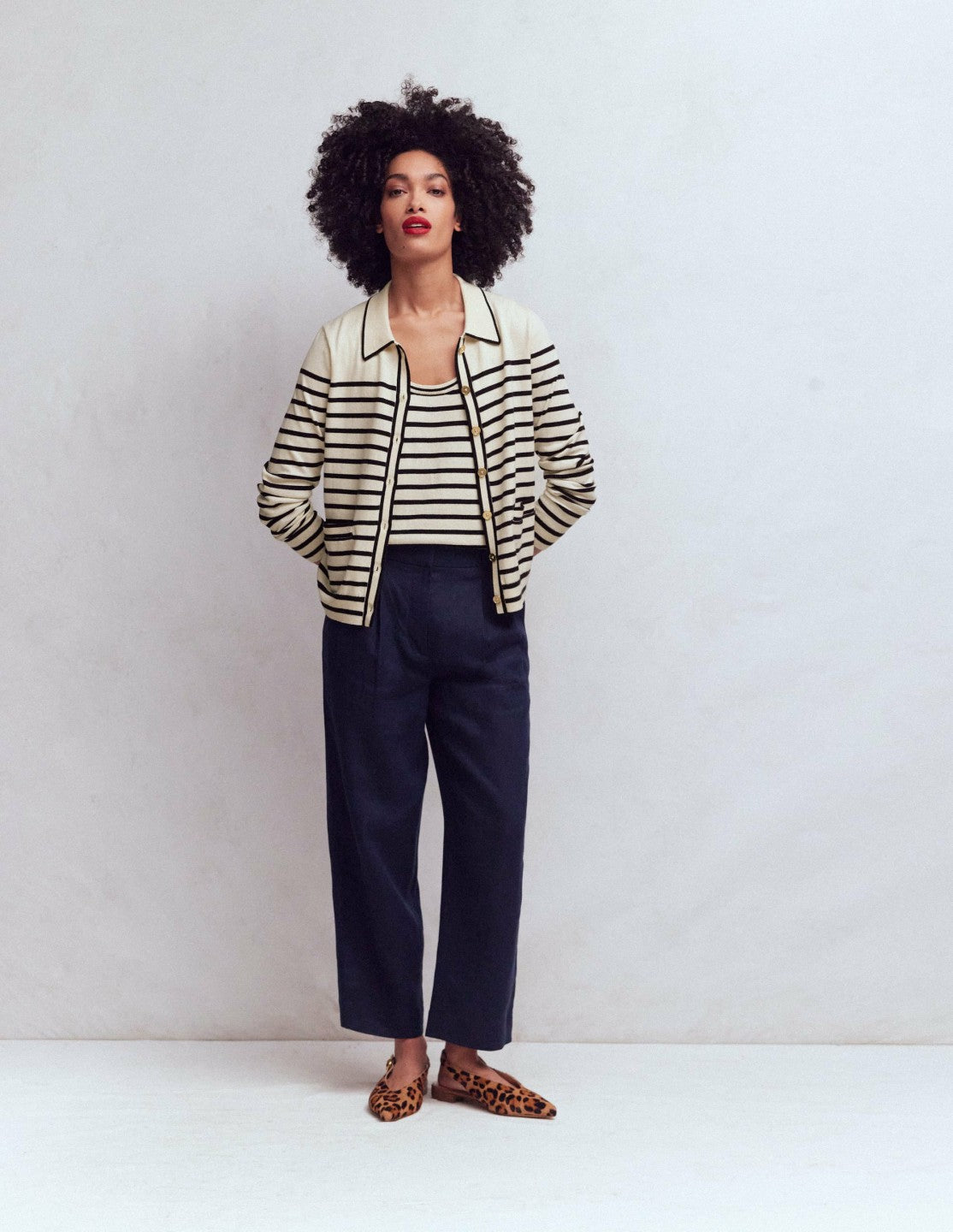 Liz Knitted Collared Cardigan-Ivory/ Navy / Boden Sale
