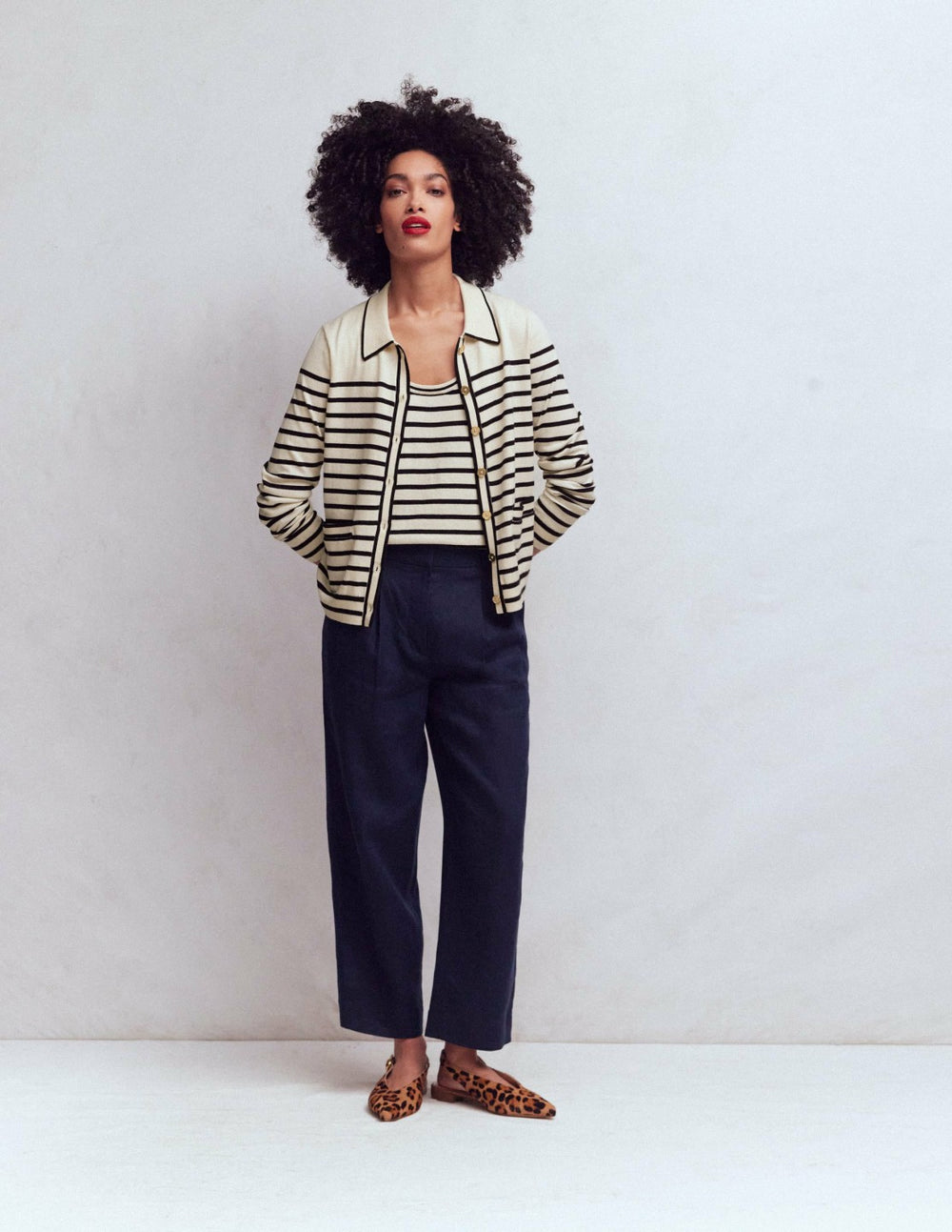 Liz Knitted Collared Cardigan-Ivory/ Navy / Boden Sale