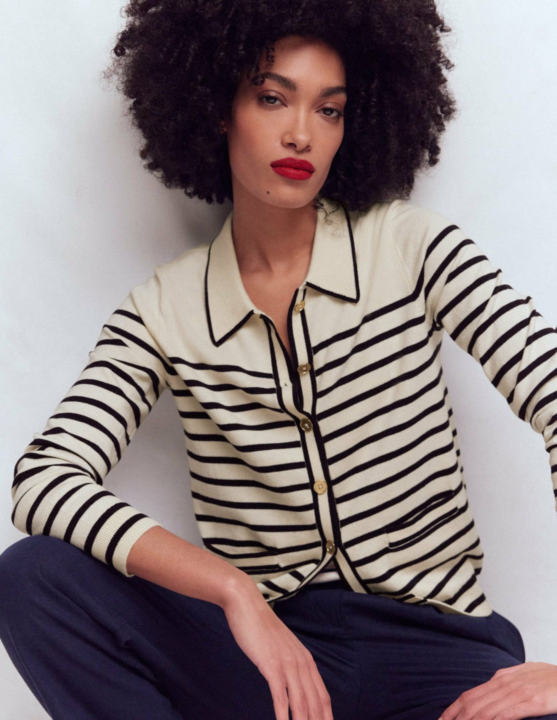 Liz Knitted Collared Cardigan-Ivory/ Navy / Boden Sale