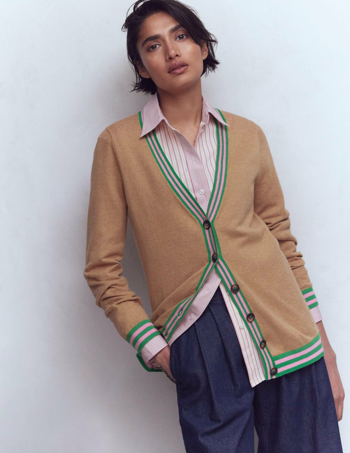 V Neck Longline Cardigan-Camel Melange / Boden Online