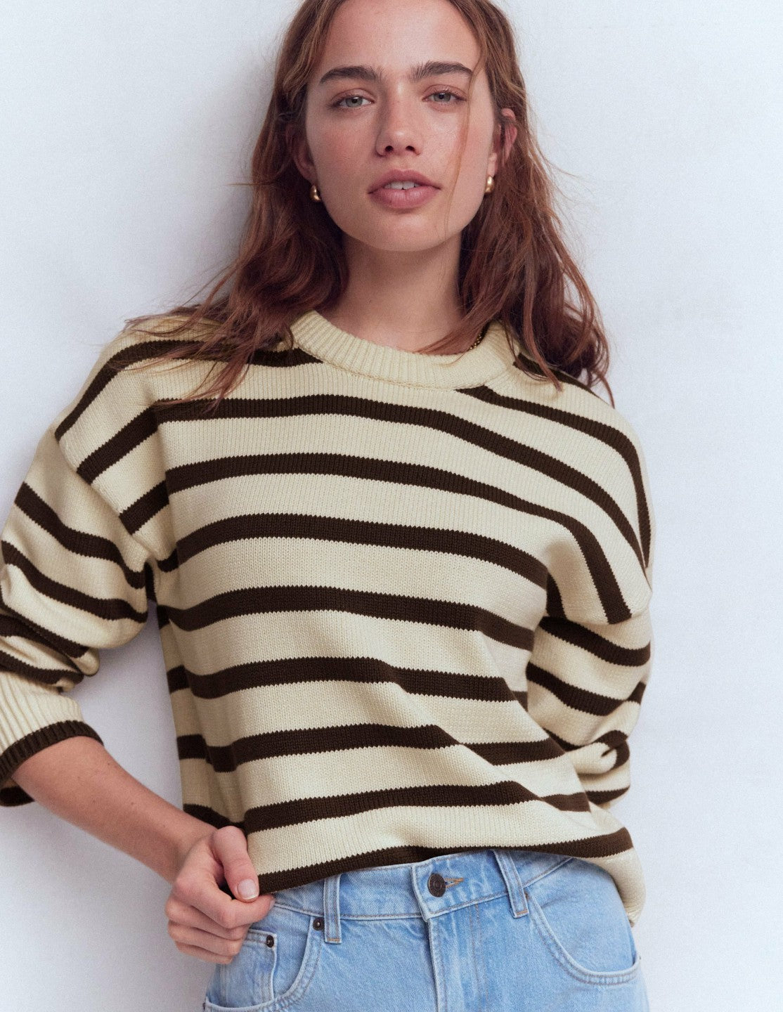 Lucy Relaxed Cotton Sweater-Ivory, Brown / Boden Outlet