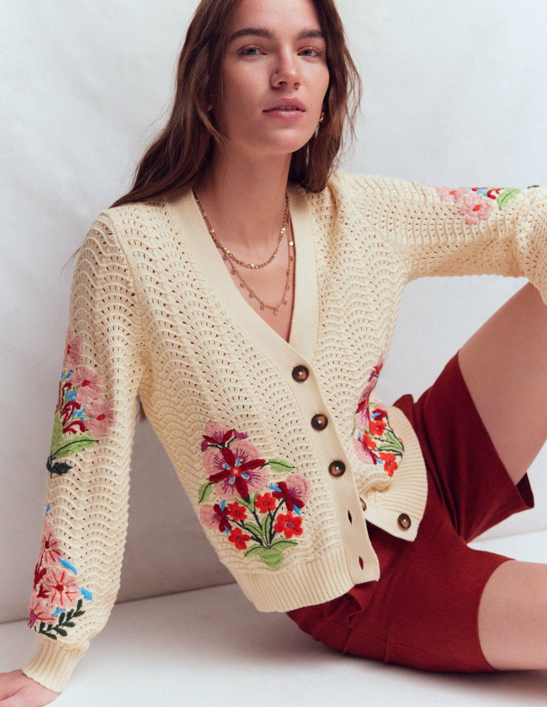 Relaxed Cotton Stitch Cardigan-Ivory, Embroidery / Boden Sale