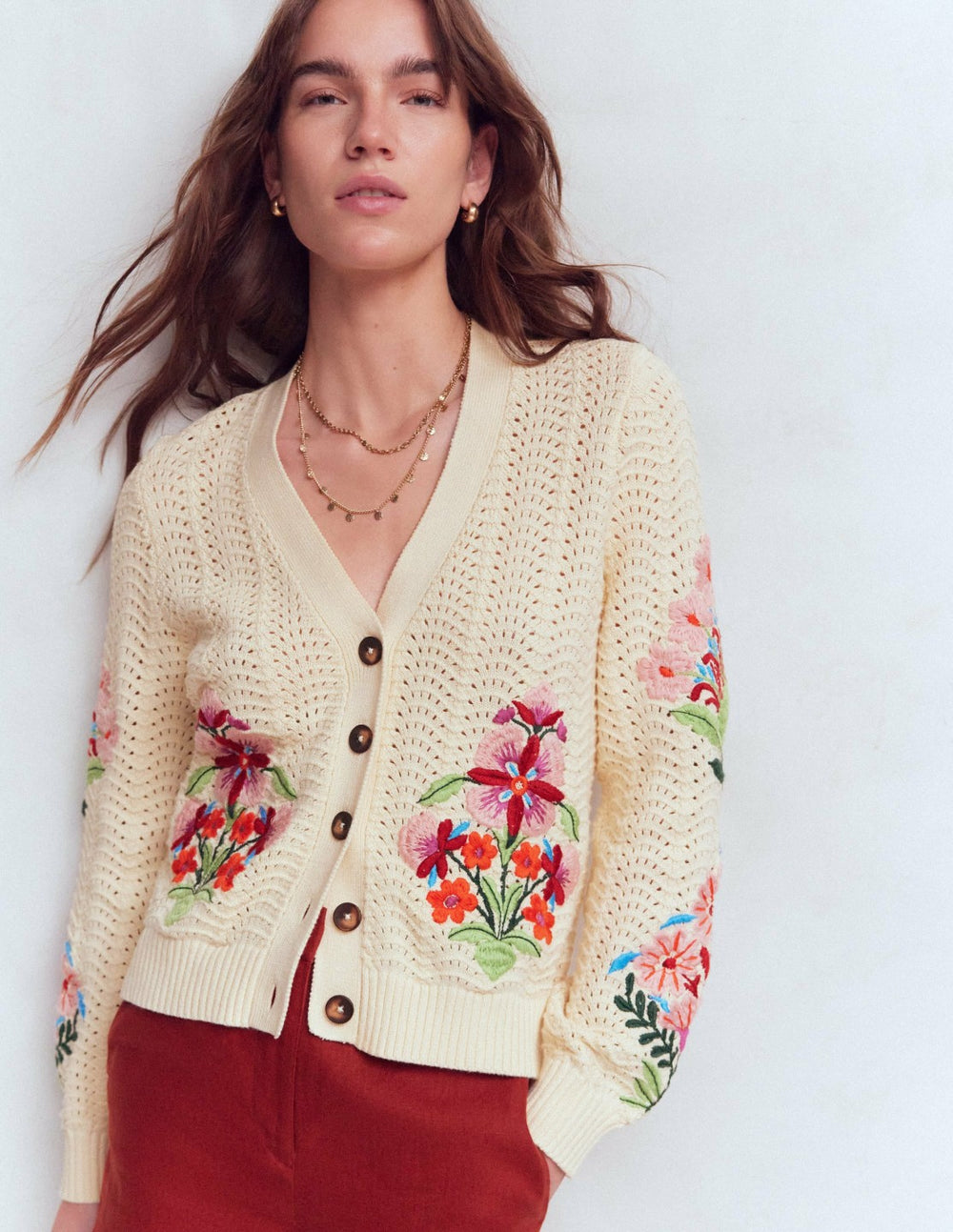 Relaxed Cotton Stitch Cardigan-Ivory, Embroidery / Boden Sale