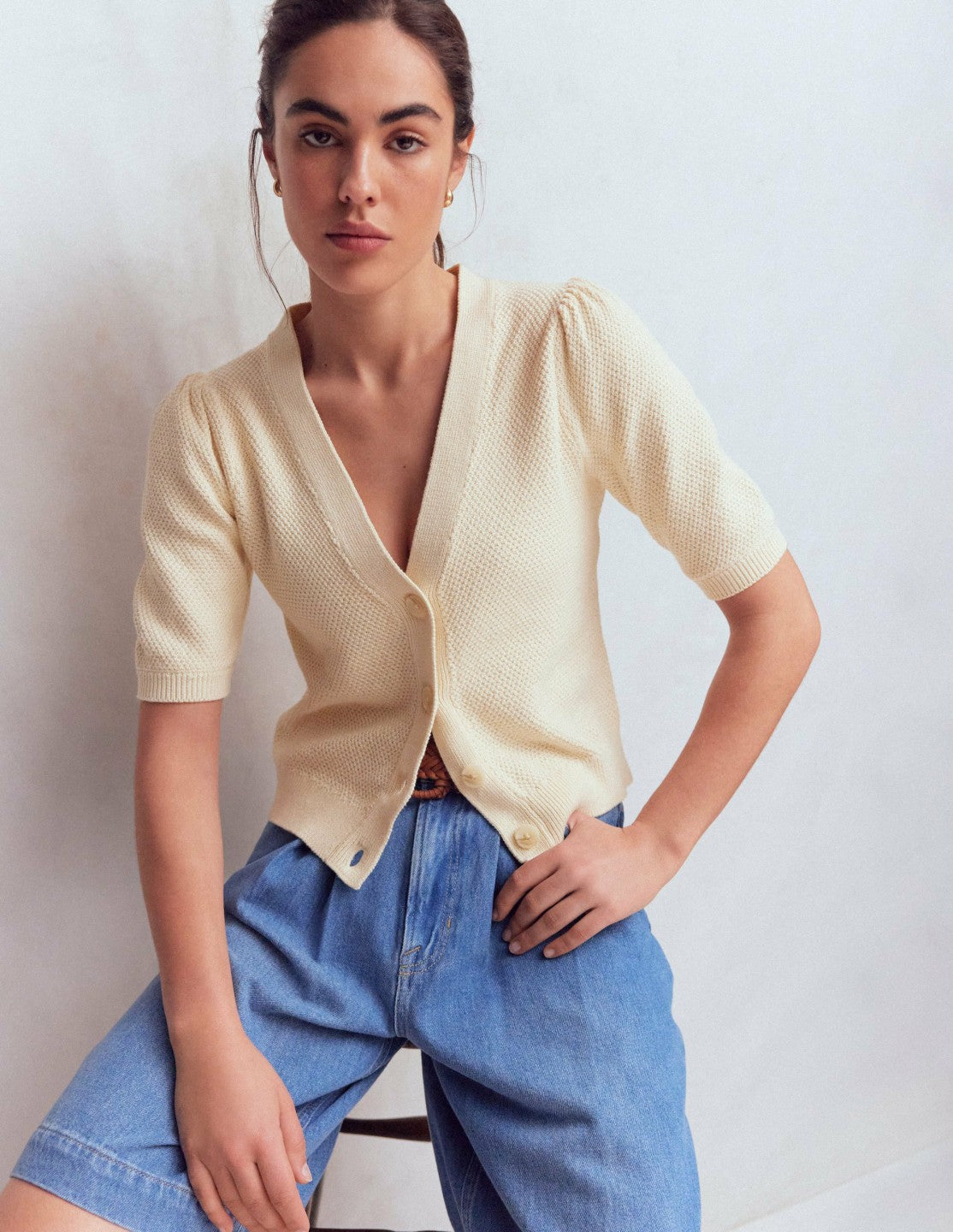 Hayley Cotton V-neck Cardigan-Warm Ivory / Boden Discount