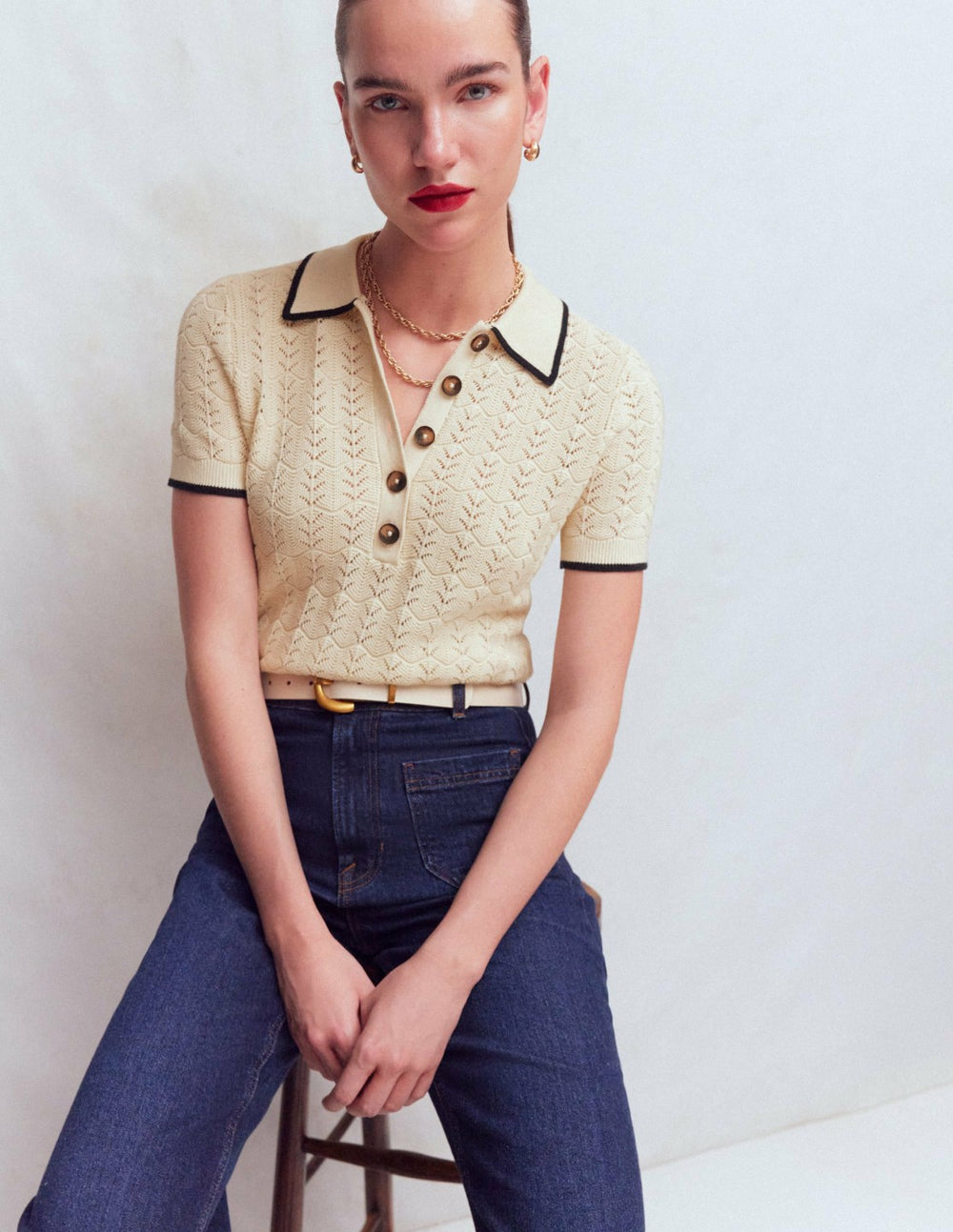Pointelle Henley T-shirt-Cream / Boden Online