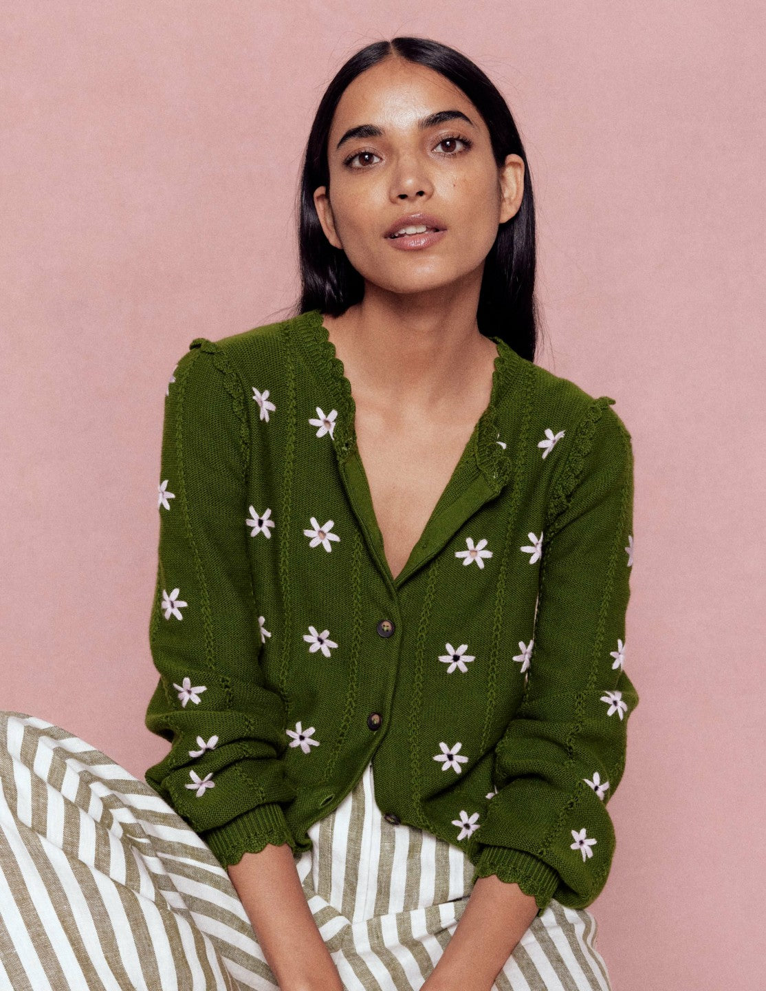 Valeria Crochet Trim Cardigan-Promenade Green , Embroidery / Boden On sale