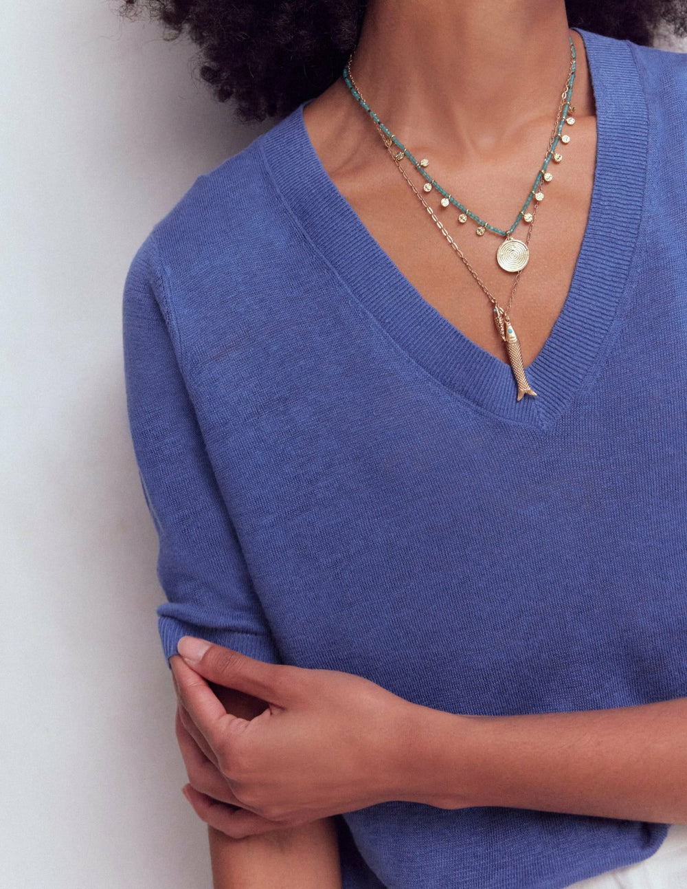 Agnes Linen V Neck T-Shirt-Solid Blue / Boden