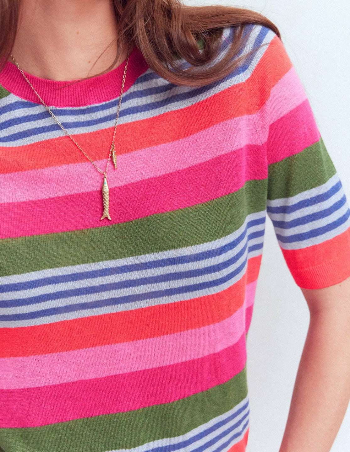 Agnes Linen Button T-Shirt-Multi Stripe / Boden Sale