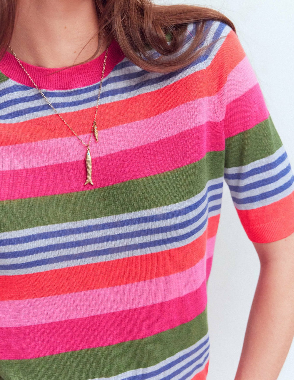 Agnes Linen Button T-Shirt-Multi Stripe / Boden Sale