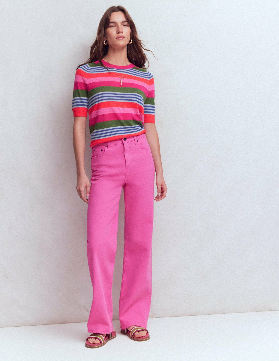 Agnes Linen Button T-Shirt-Multi Stripe / Boden Sale
