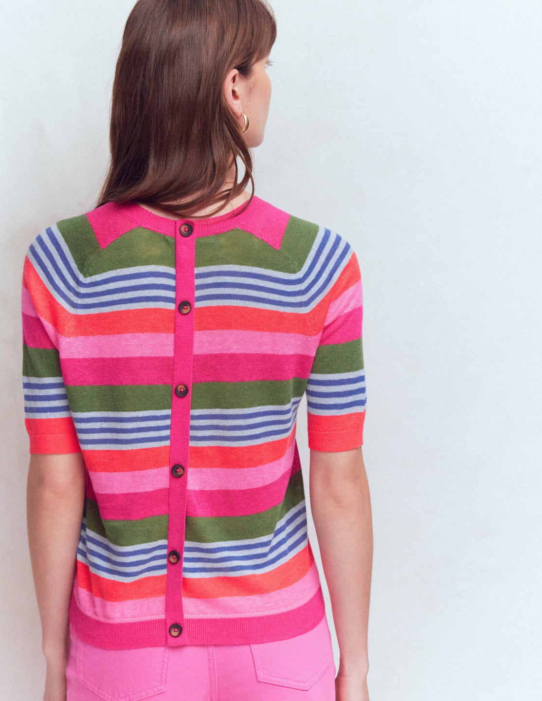 Agnes Linen Button T-Shirt-Multi Stripe / Boden Sale