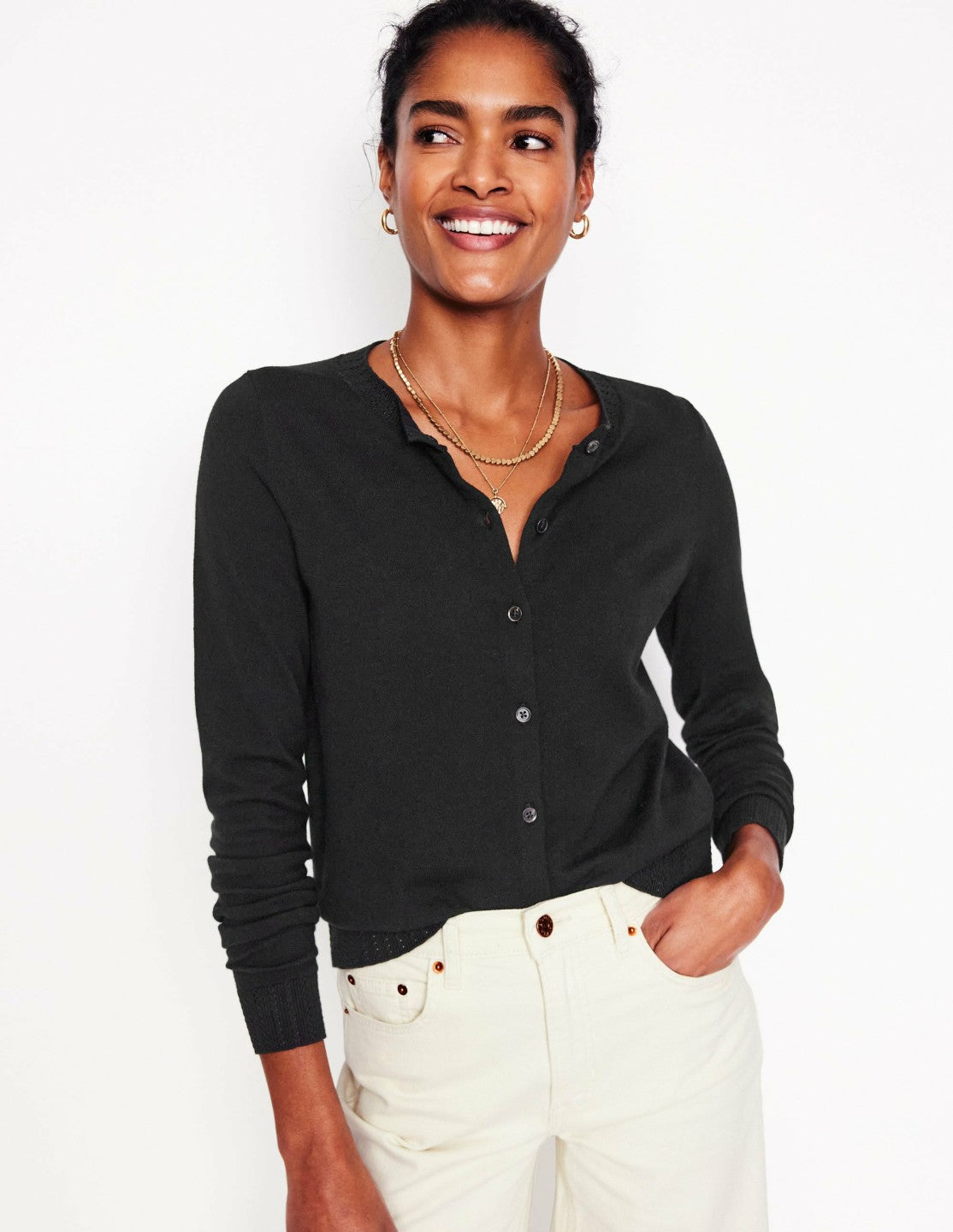 Emilia Cotton Crew Cardigan-Black / Boden Outlet