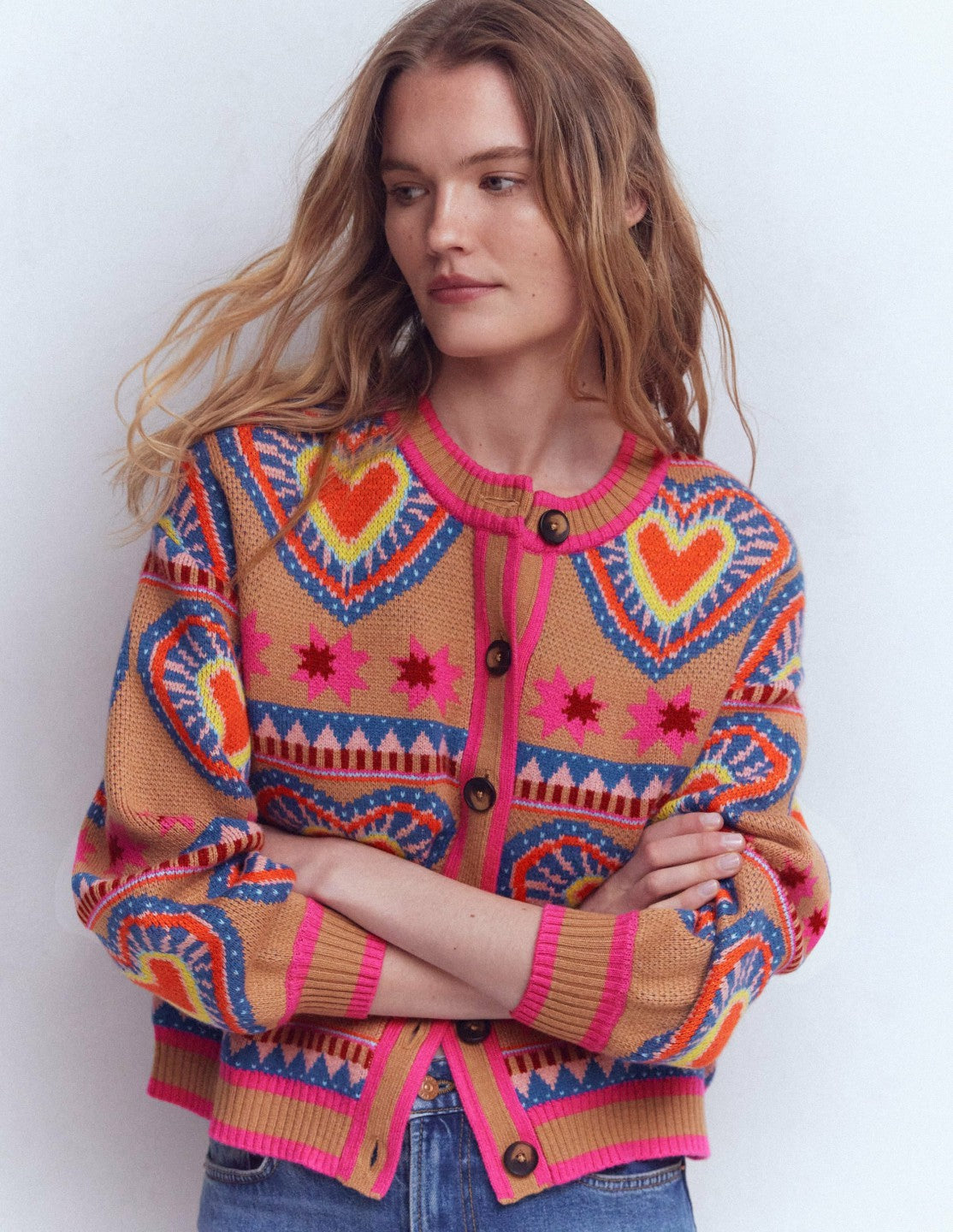 Abi Jacquard Cardigan-Camel Melange, Hearts / Boden On sale