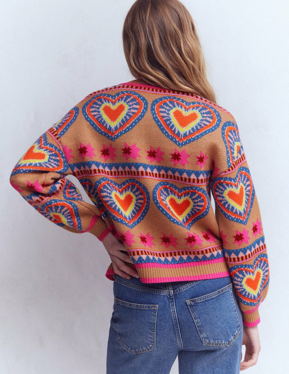 Abi Jacquard Cardigan-Camel Melange, Hearts / Boden On sale