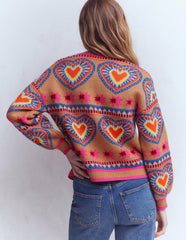 Abi Jacquard Cardigan-Camel Melange, Hearts / Boden On sale